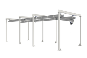 Floor-mounted support structures in steel are a given solution when a ceiling-mounted installation is simply not an option.  We designs, manufactures and installs support structures in various designs, such as portals and single pillar systems. All systems are tailor-made to match the physical conditions of the workplace and the selected type of handling equipment.