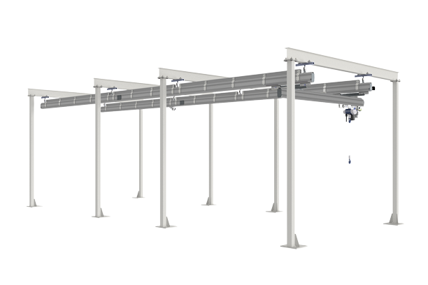 Floor-mounted support structures in steel are a given solution when a ceiling-mounted installation is simply not an option.  We designs, manufactures and installs support structures in various designs, such as portals and single pillar systems. All systems are tailor-made to match the physical conditions of the workplace and the selected type of handling equipment.